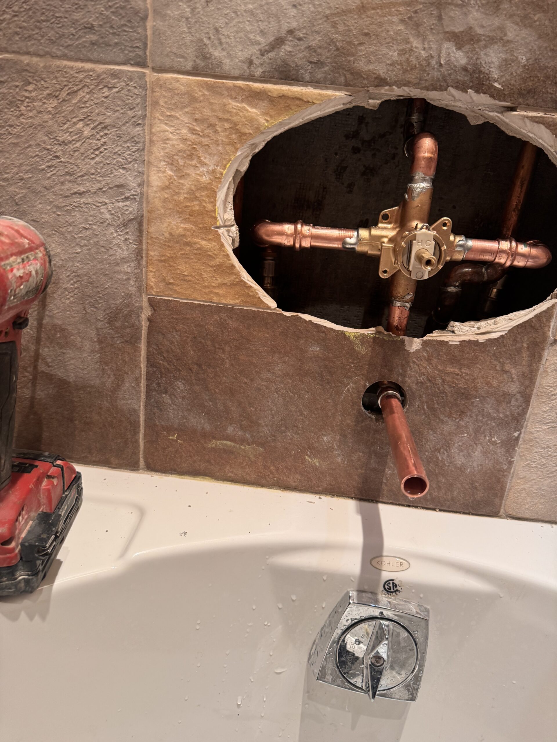 Leaking pipe repair behind drywall by Browns Family Plumbing serving Phoenix homes